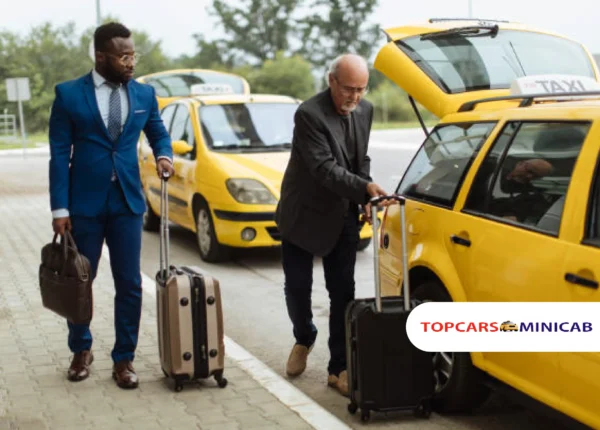 Two men in suits entering a taxi for a door-to-door taxi to Gatwick Airport South Terminal.